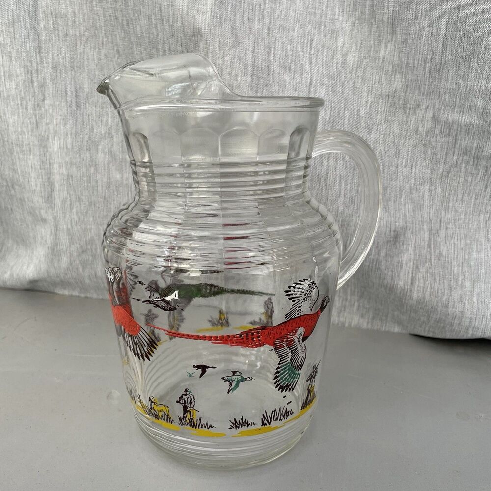 Hazel Atlas Vintage "Pheasants" 9" Pitcher Glass with Ice Lip MCM